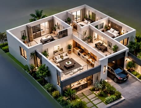 A furnished 3D cut-away of a house