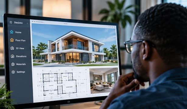 A man designing a house on his computer