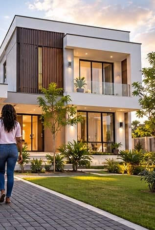 A woman walking up the path to her new home