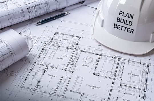 Floor plans on a desk with a pen and a helmet