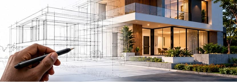 A hand sketching over a modern house